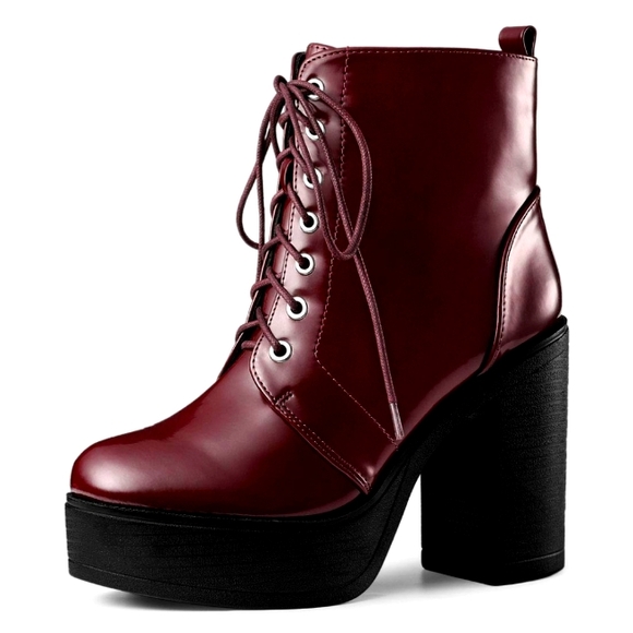 Allegra K Shoes - Women's Platform Chunky High Heel Lace Up Combat Boots 9 Burgundy Y2K
